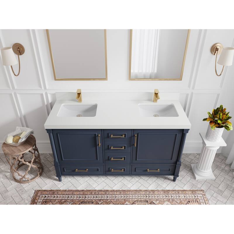 Willow Collections 60 in. W x 22 in. D Aberdeen Double Sink Bathroom Vanity with Countertop - 2" White Quartz - Hale Navy Blue