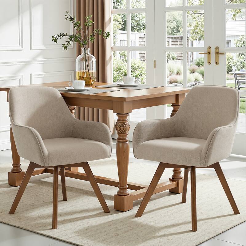 Swivel Upholstered Dining Chair Set of 2 Armchair with Beech Wood Legs - 33.3" H x 23.2" W x 22.4" D - Set of 2 - Sand-Linen