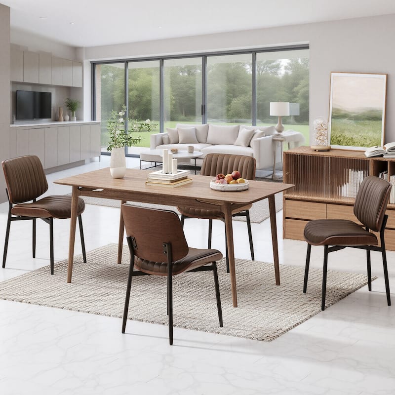 Tapered Metal Leg Dining Chairs - Mid-Century Styled Seating with Button-Tufted PU Leather & Ergonomically Curved Back - Brown - Set of 6