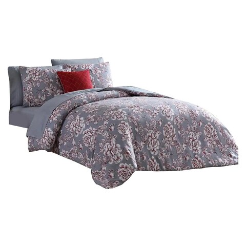 Tyler 8 Piece Microfiber King Bed Set, Floral Print, The Urban Port, Gray