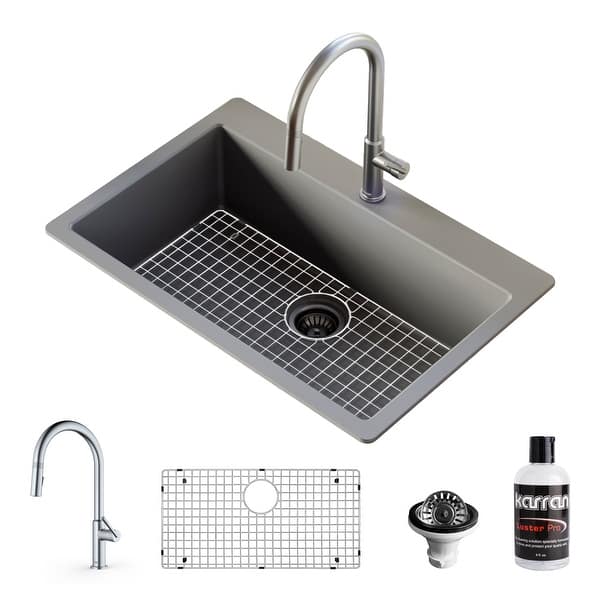 slide 2 of 10, Karran QT-812 Top Mount 33 in. Large Single Bowl Quartz Kitchen Sink in Grey With Kitchen Faucet in Stainless Steel