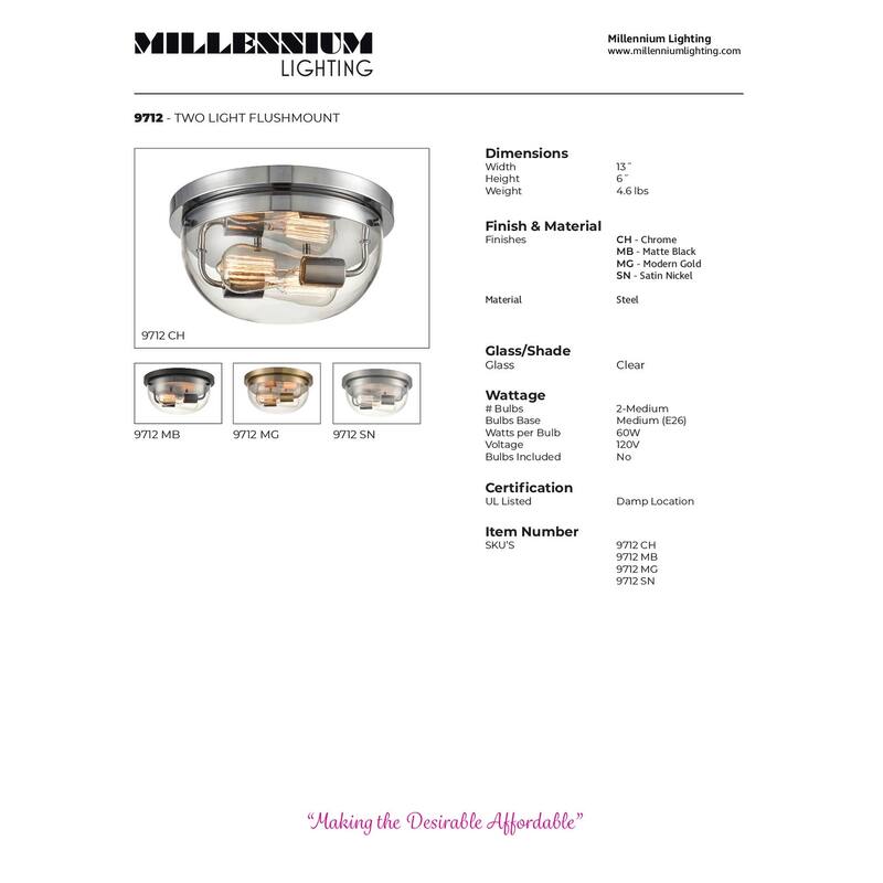 Millennium Lighting Ashford 2 Light Flush Mount Ceiling Fixture in Multiple Finishes with Clear Glass Shade
