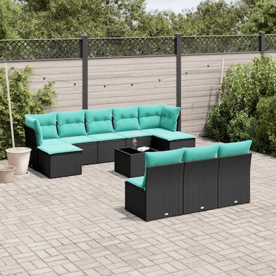 vidaXL 11 Piece Patio Sofa Set with Cushions Black Poly Rattan - 24.4x27.2x24.4-With table