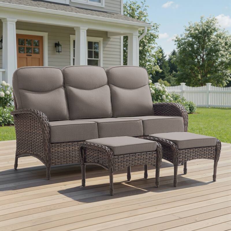 Luna 3-Seat Wicker Patio Sofa with 6-Inch Thick Cushions and 2 Ottomans