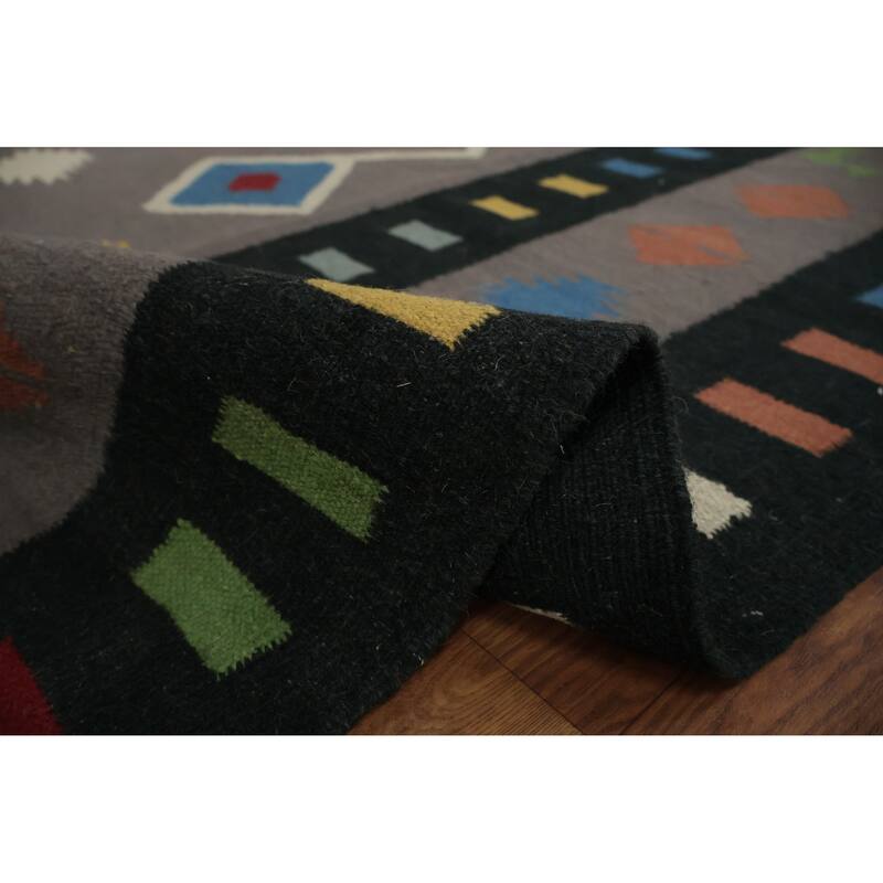 Hand Woven Oriental 100% Wool Carpet Southwestern Tribal Greys & Charcoal Kilim Area Rug - 10' 2'' X 8' 8''