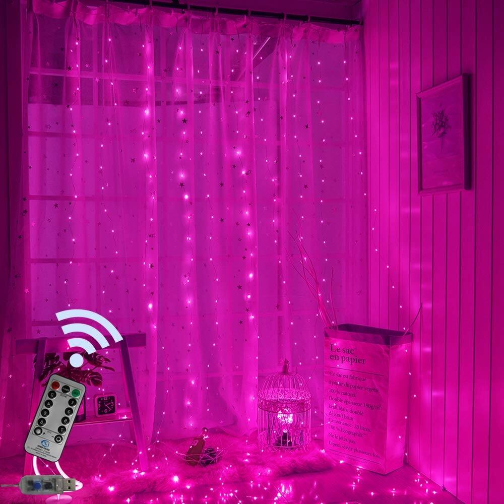 Pink Icicle Curtain Lights 300 LED 8 Modes - Medium - Overstock - 28502608