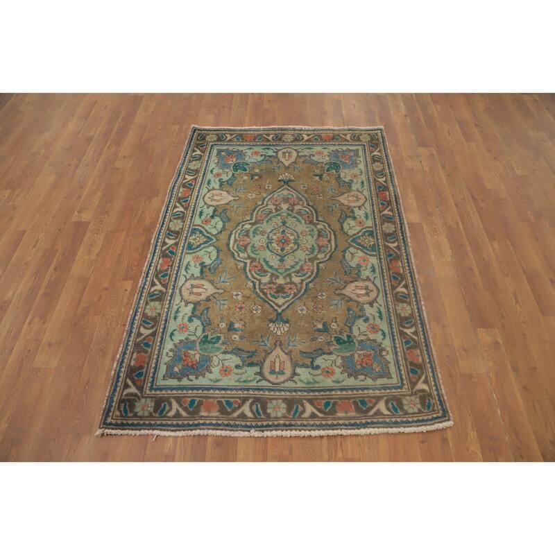 Hand Knotted Oriental 100% Wool Carpet Traditional Floral Brown Tabriz Area Rug - 4' 10'' X 3' 3''