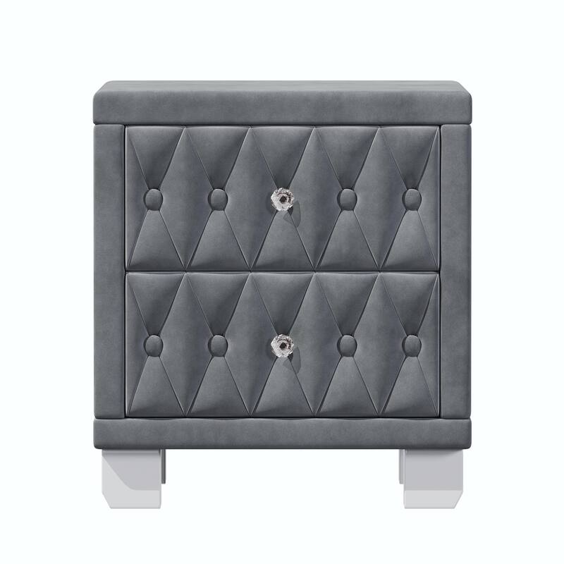 Velvet Nightstand with 2 Drawers and Crystal Handles