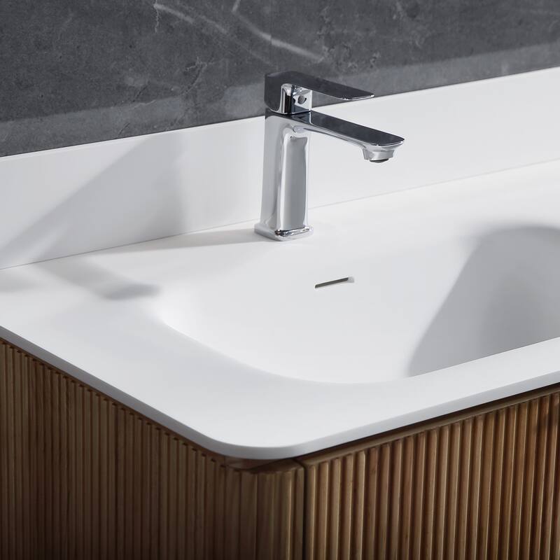 Modland 60" Natural Reeded Oak Wall-Mounted Double Sink Bathroom Vanity with Acrylic Top