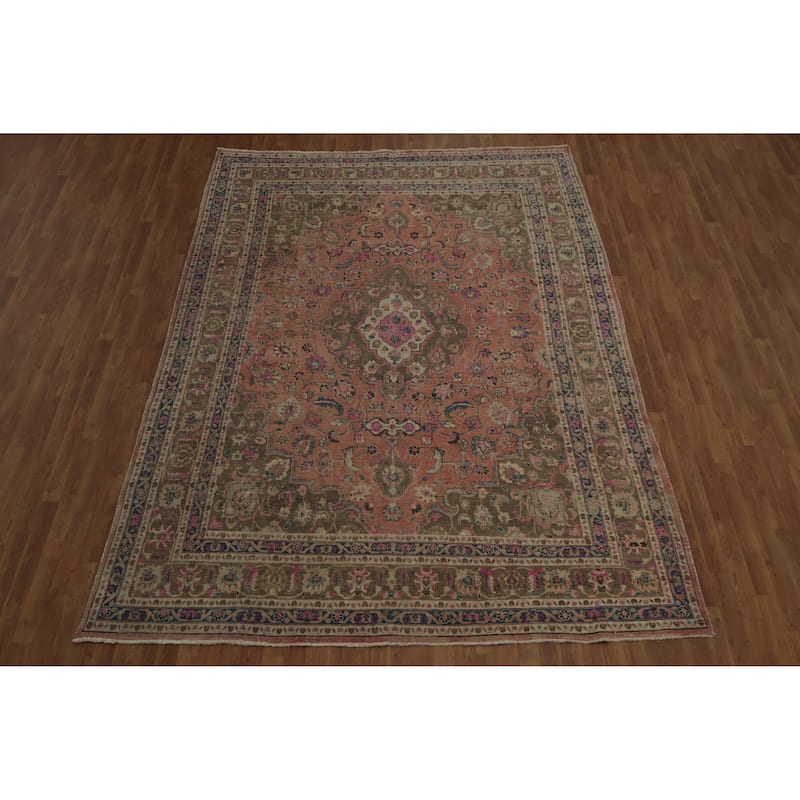 Hand Knotted Oriental 100% Wool Carpet Traditional Floral Coral Mashad Area Rug - 11' 4'' X 8' 1''