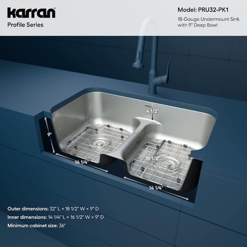 Karran Profile 32” Undermount 18 Gauge Low Divider Double Bowl Stainless Steel Kitchen Sink with Accessories
