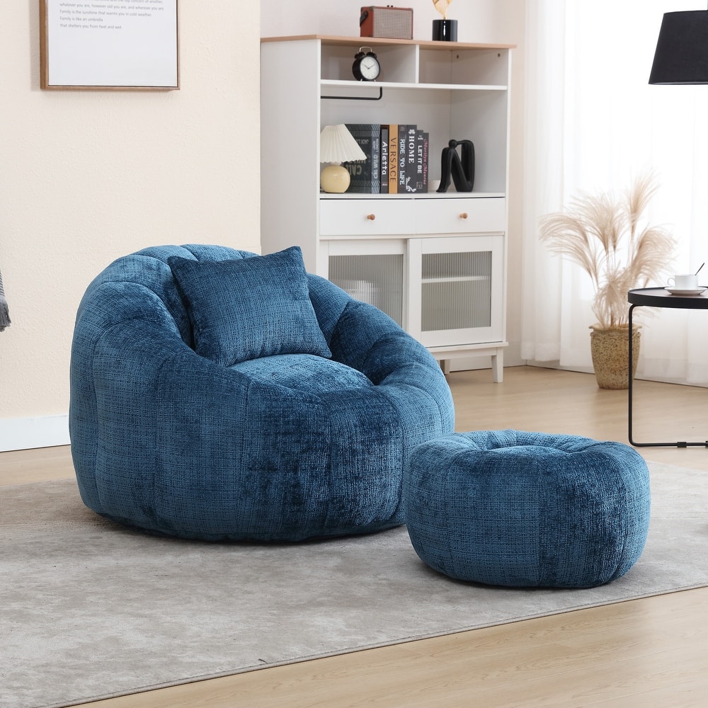 HOMEFUN Chenille Upholstered Round Lazy Cozy Bean Bag Chair with Ottoman and a Pillow