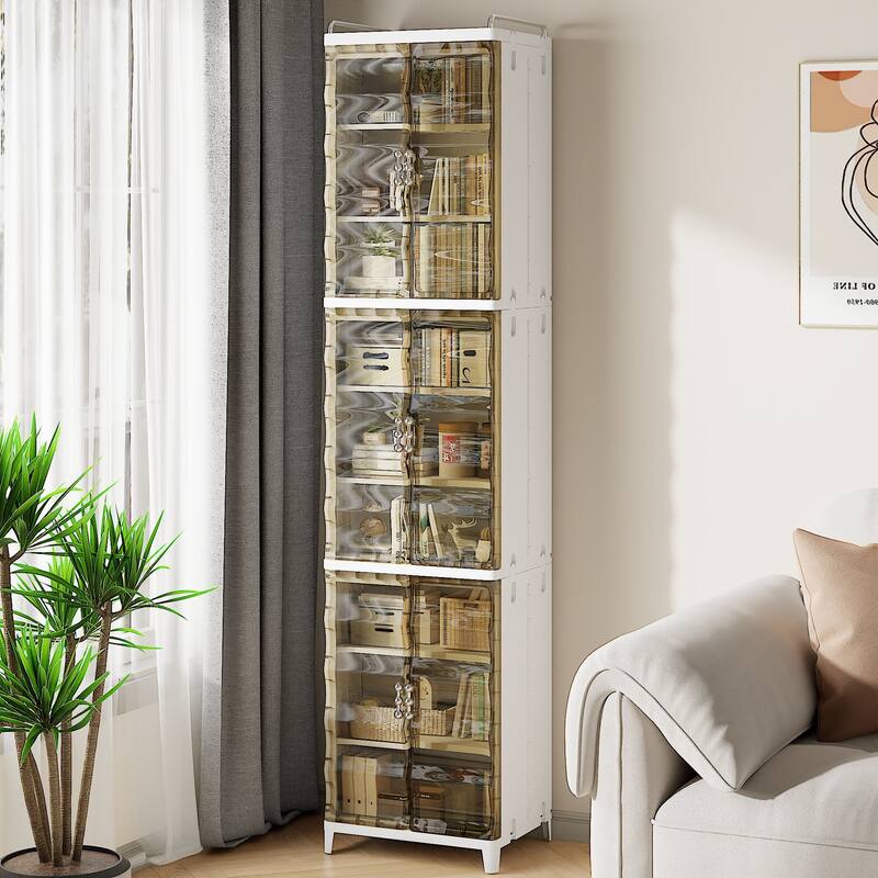 VECELO 2/3-Tier Plastic Storage Cabinet with Transparent Tea-Colored Doors Quick No-Tools Assembly Multi-Purpose Organization - 3-tier