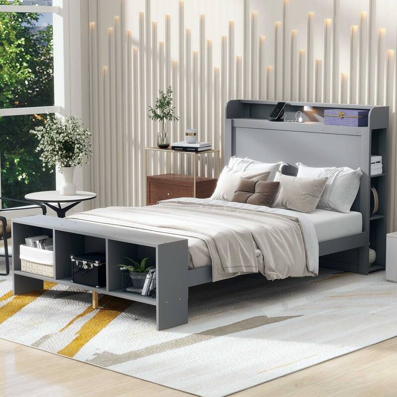 Platform Bed with Built-in Shelves,LED Light and USB Ports,Full/Twin Size