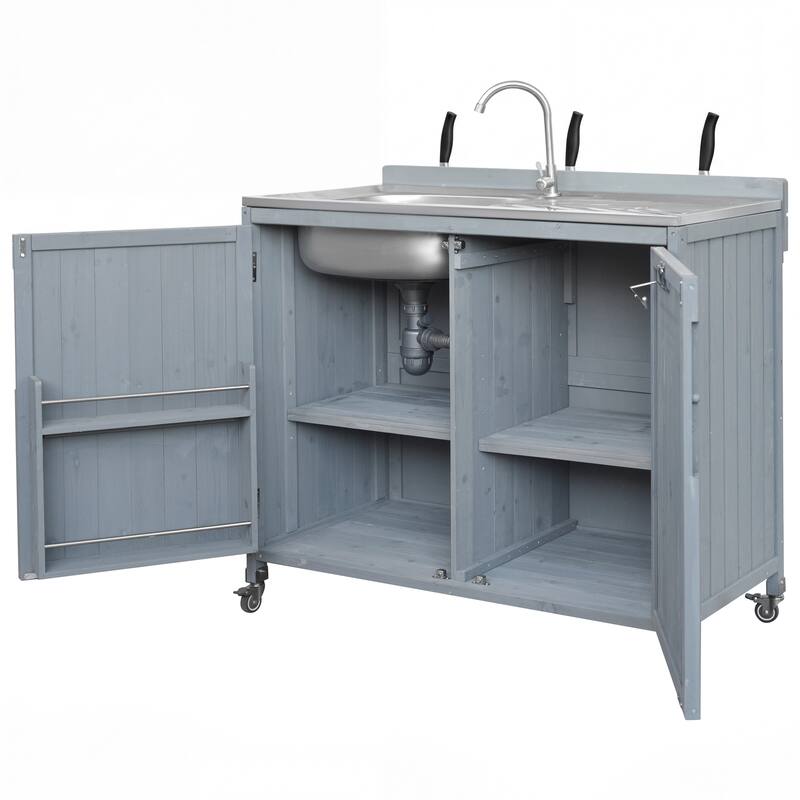 39.4" Outdoor Kitchen Island with 304 Stainless Steel Sink, Faucet & Storage Cabinet