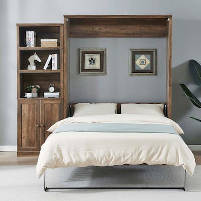 Queen Size Murphy Wall Bed with 1 Side Cabinet Storage Shelf