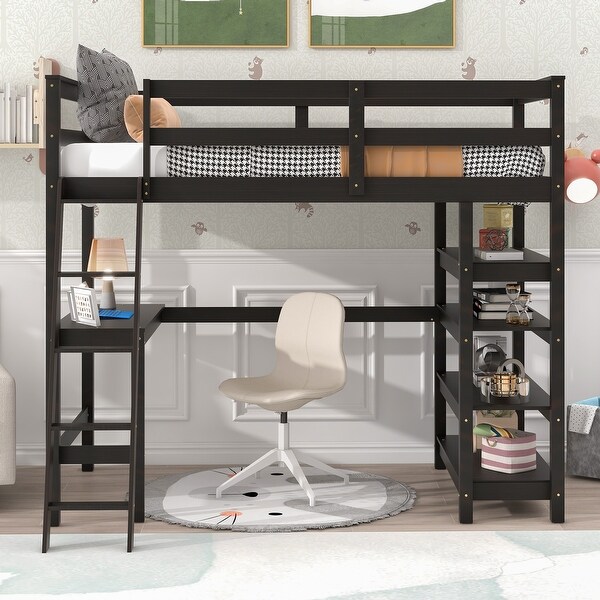 Twin Loft Bed with Desk Shelf for Teens Adults Wood High Loft Bed Frame with Bookcase for Kids Boys Girls Full Length Guardrail Bed Bath Beyond 40928594