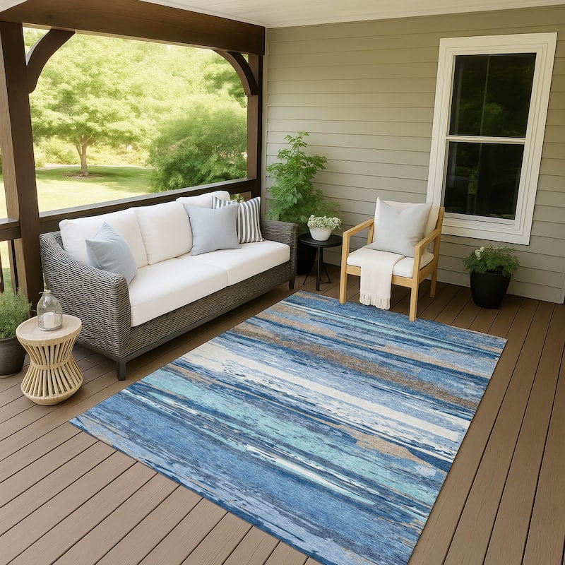 Machine Washable Indoor/ Outdoor Abstract Stripes Chantille Rug - Blue - 8' x 10'