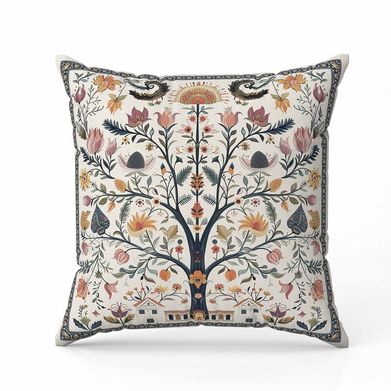 Indian Folk Art Tree Faux Suede Reversible Throw Pillow Multi