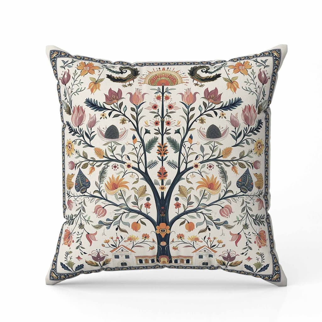 Indian Folk Art Tree Faux Suede Reversible Throw Pillow Multi