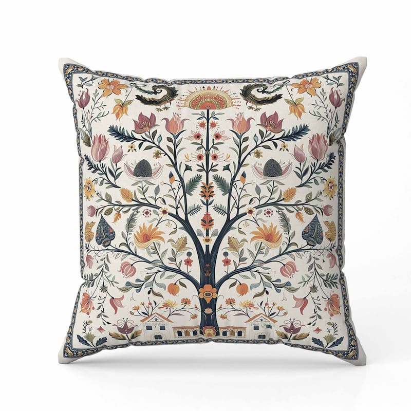 Indian Folk Art Tree Indoor/Outdoor Reversible Throw Pillow Multi