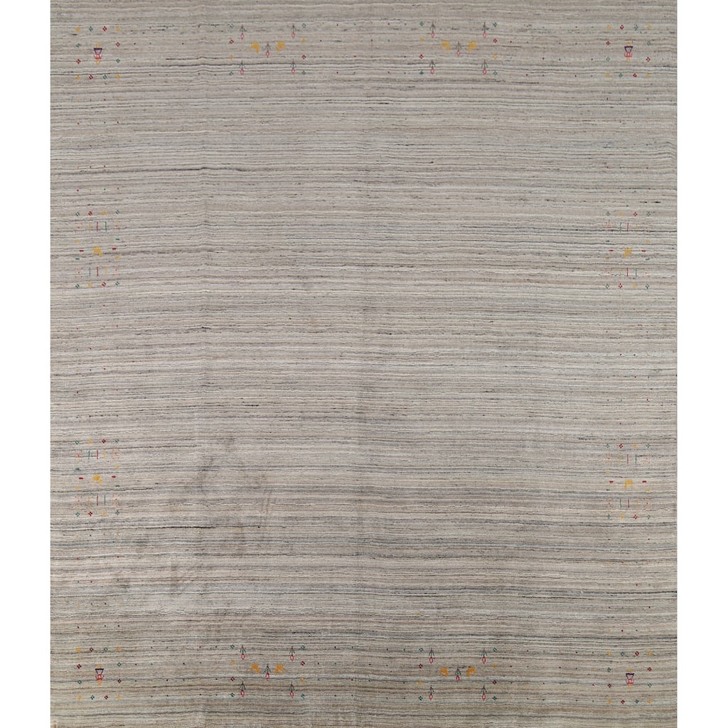 Striped Gabbeh Square Area Rug Handmade Beige Wool Carpet - 9'8"x 9'7"