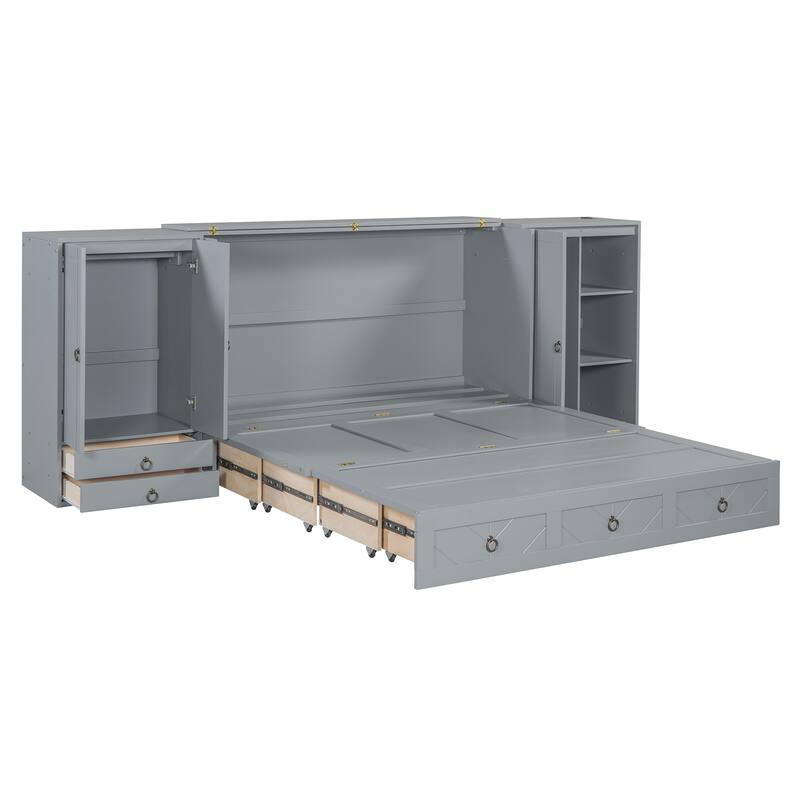 Queen Size Solid Wood Murphy Bed with Charging Station, Built-In Wardrobes, Drawers, and Foldable Cabinet Design
