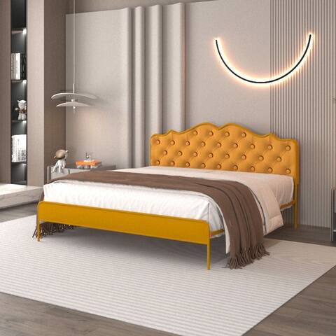 Queen Size Leather/Linen Upholstery Platform Bed with Metal Frame and Solid Wood Ribs