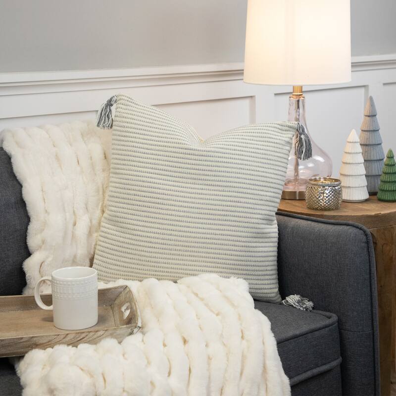 18" Double-Sided Striped and Solid White Square Woven Throw Pillow with Tassels
