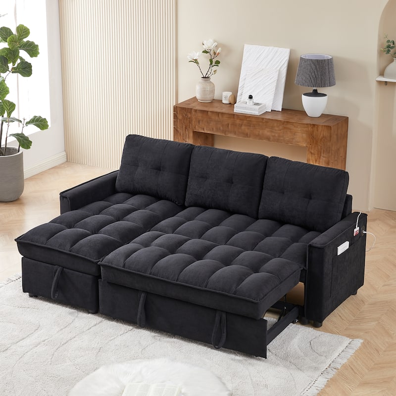 Futon Daybed Pull-Out Sofa Bed with USB and Tape-c, L-Shaped Sectional Sofa with Storage Chaise Lounge and Side Pocket