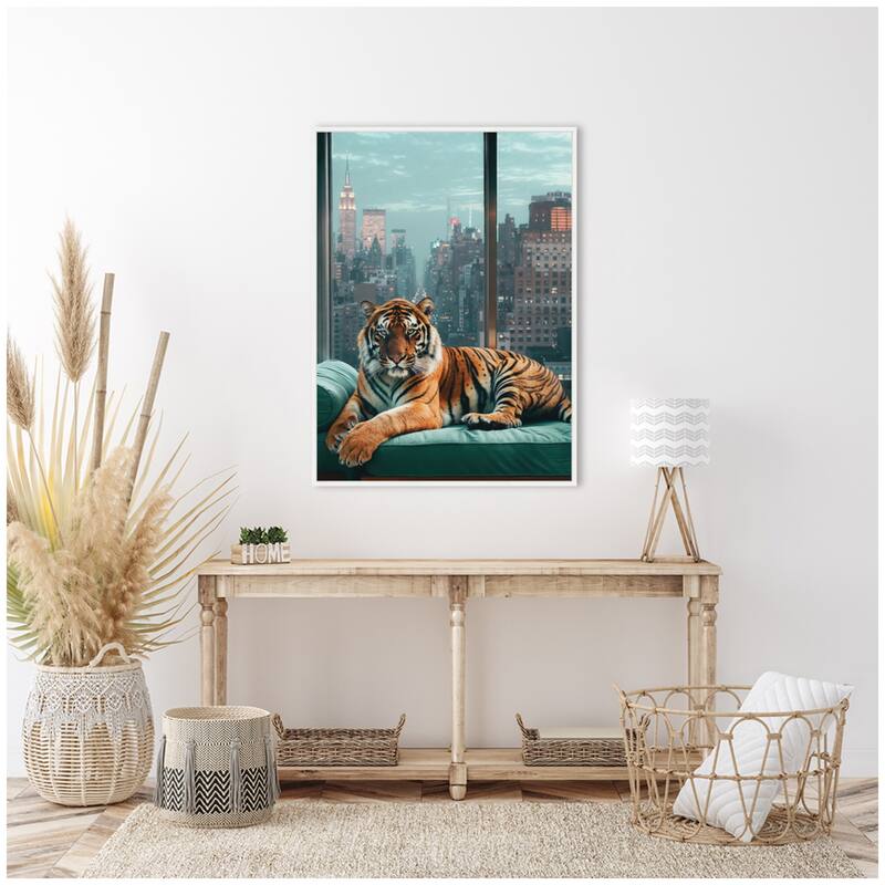 Kate and Laurel Sylvie Graceful Tiger in New York Framed Canvas by Michael Schauer