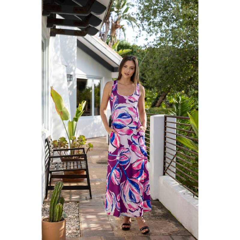 24seven Comfort Apparel Womens Casual Purple Floral Scoop Neck Sleeveless Maxi Dress With Pockets