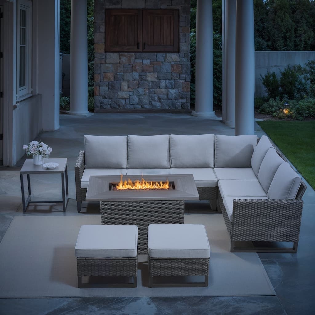 Fire Pit with Table Patio Rattan Sofa Swivel Chair - Beige cushion - Grey