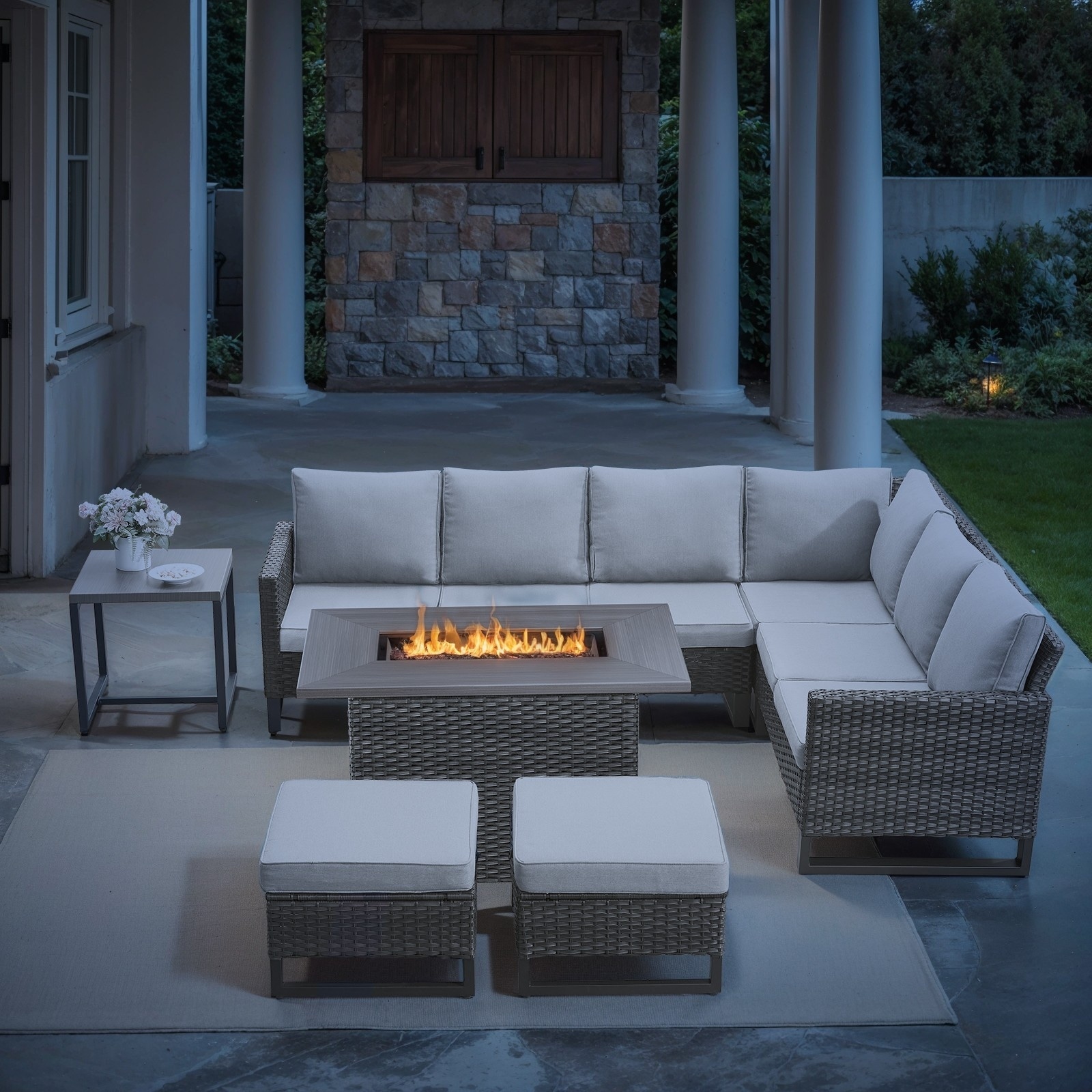 Fire Pit with Table Patio Rattan Sofa Swivel Chair - Beige cushion - Grey