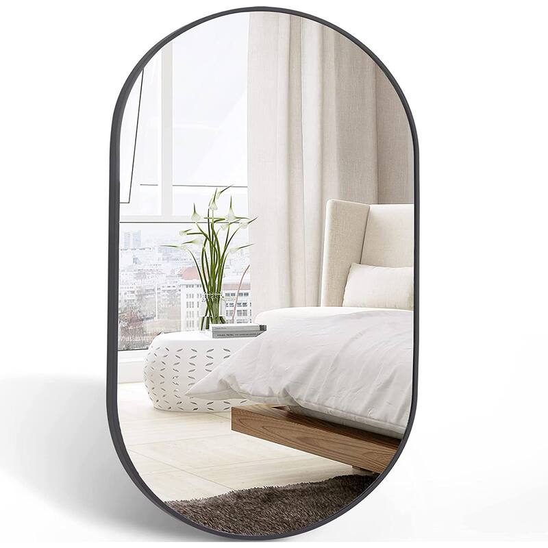 Black Metal Oval Wall Mirror with Brushed Frame and Shatterproof Glass - 20" W x 28" H - Black