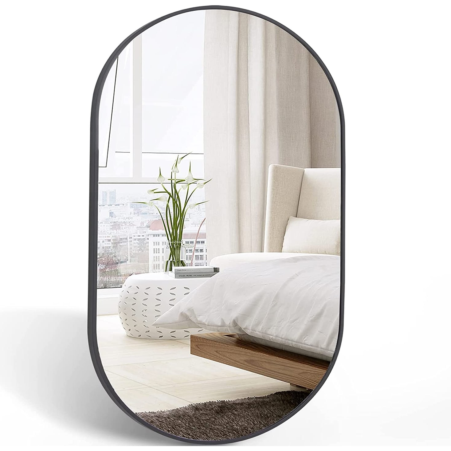 Oval Metal Wall Mirror 20x28 Inches Shatterproof Glass Modern Design - Black