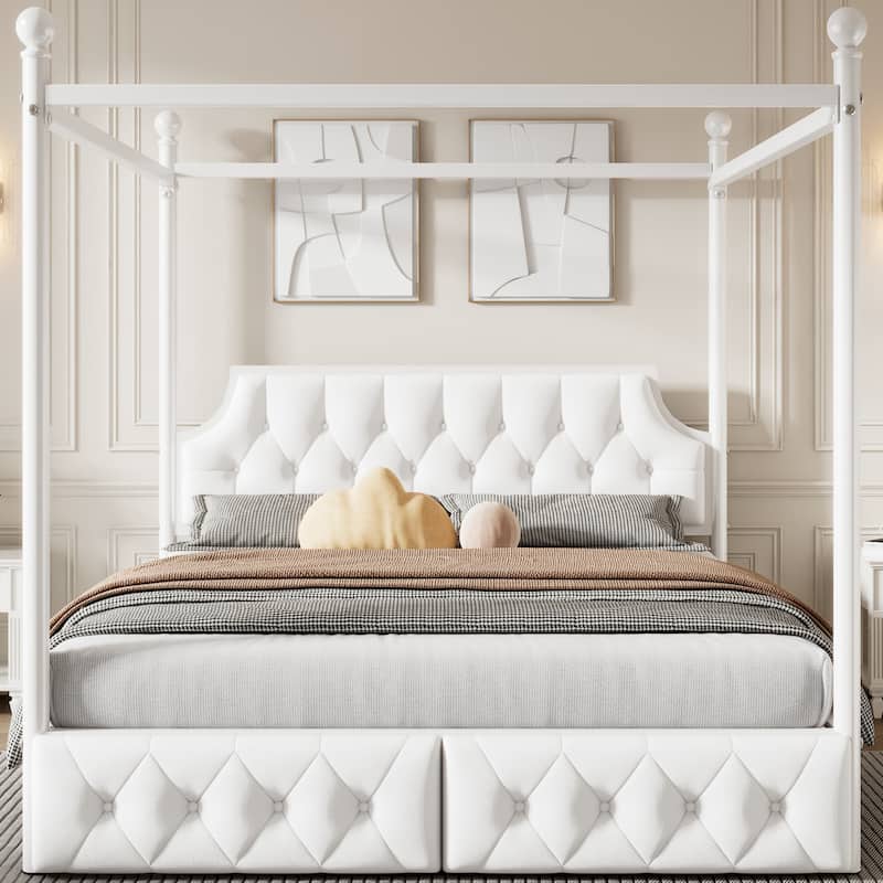 Queen Upholstered Canopy Bed Frame with 2 Drawers and Button Tufted Headboard/Metal Platform Bed Frame/Sturdy Metal Frame/White