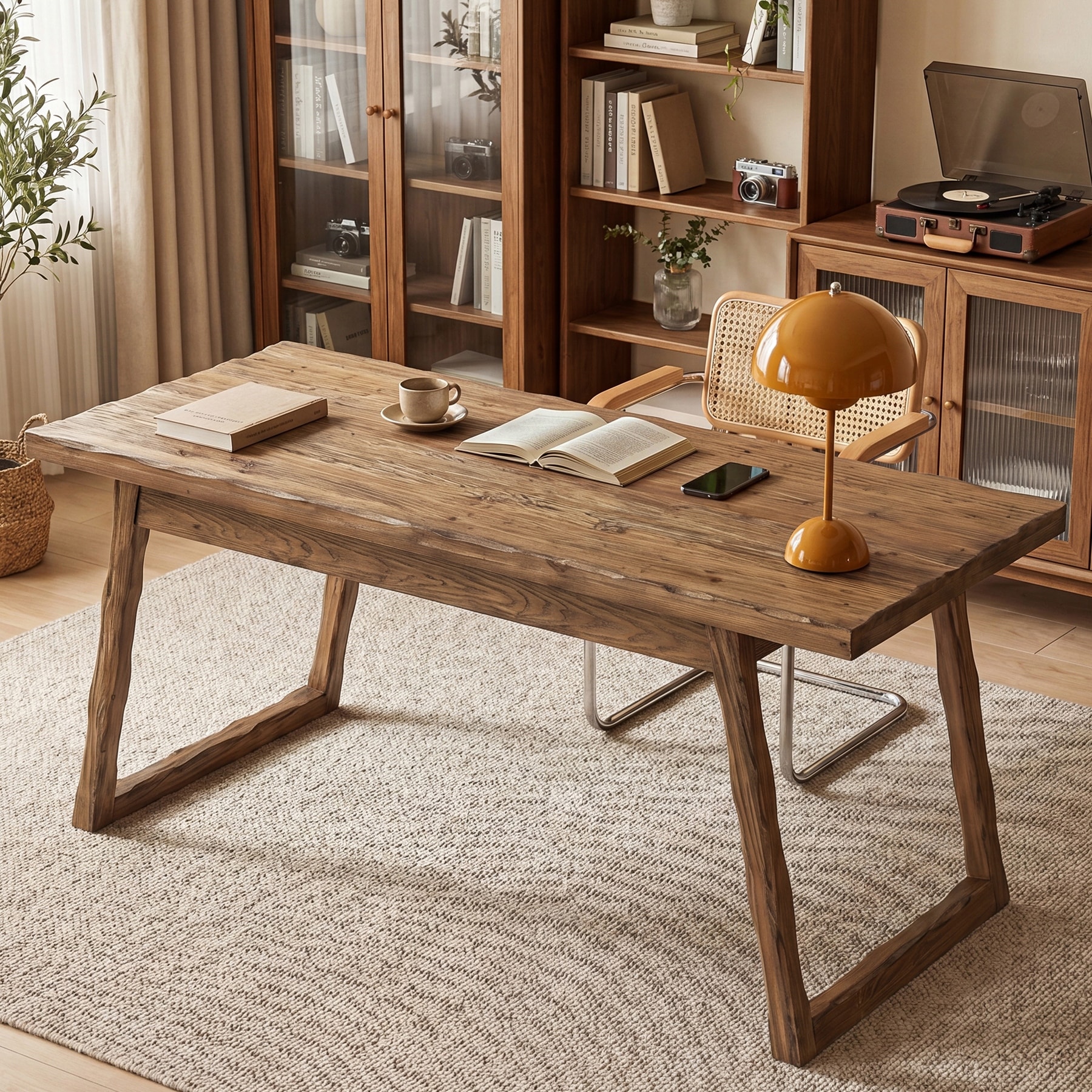 63” Solid Wood Dining Table, Rectangular Kitchen Table for 4-6 People, Farmhouse Wavy Edge Desk for Home Office