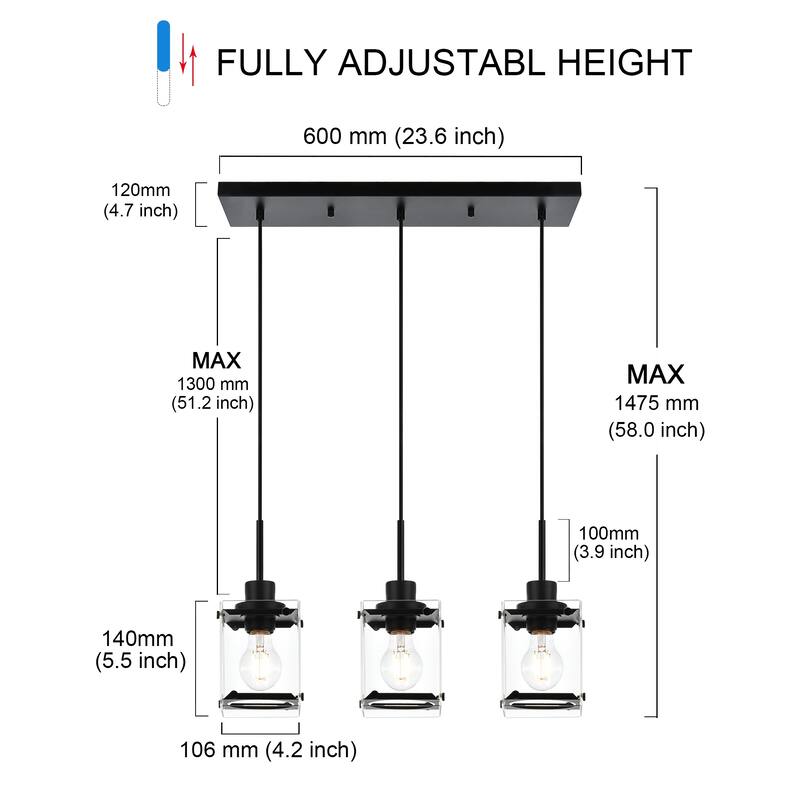 Modern Metal Chandeliers with Clear Square Glass - Black