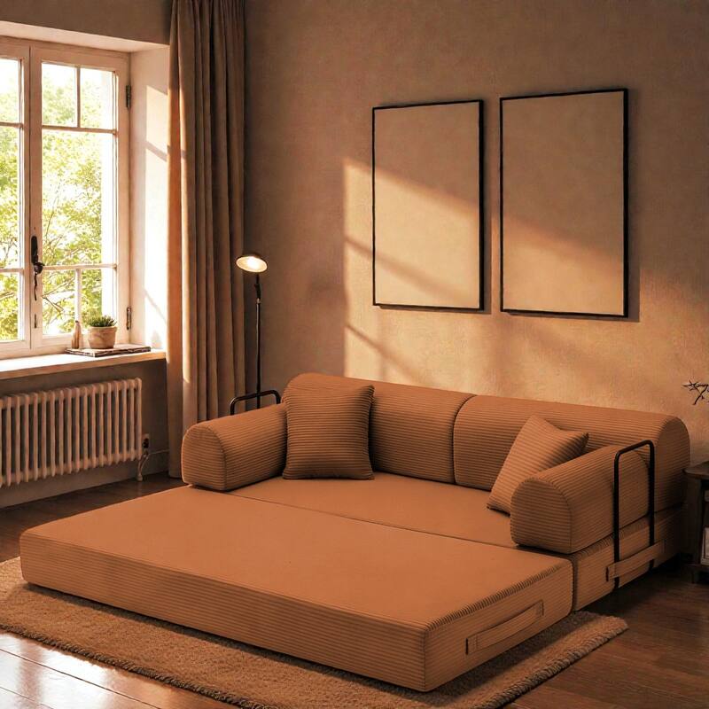 Convertible Sleeper Sofa Bed, 4-in-1 Corduroy Folding Floor Couch with Cylindrical Pillow, 2-Seat Space-Saving Lounge Sofa