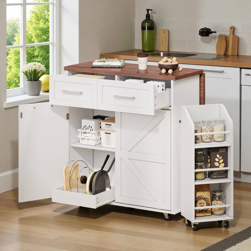 47.2" Farmhouse Kitchen Island with Drop Leaf, Rolling Kitchen Cart with Drawers, Removable Side Racks, and Trash Can Cabinet
