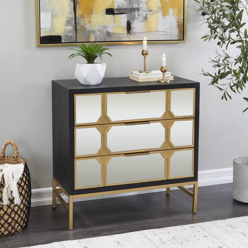 Wooden 3 Drawer Chest with Mirrored Front - Gold or Black - Roche River Decor