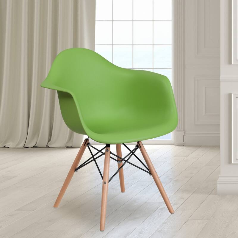 Plastic Chair with Arms and Wooden Legs - Green