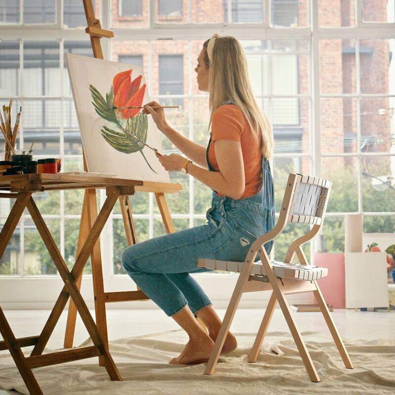 Wood Folding Chairs Set of 2, Wooden Indoor Stackable Dining Chairs for Kitchen & Dining Room Chair Woven Seat