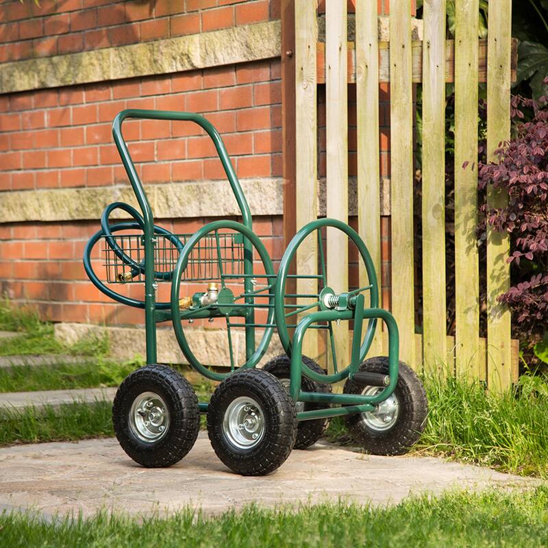 Glitzhome 34.5"H Green Utility Wagon Reel Cart with Hose