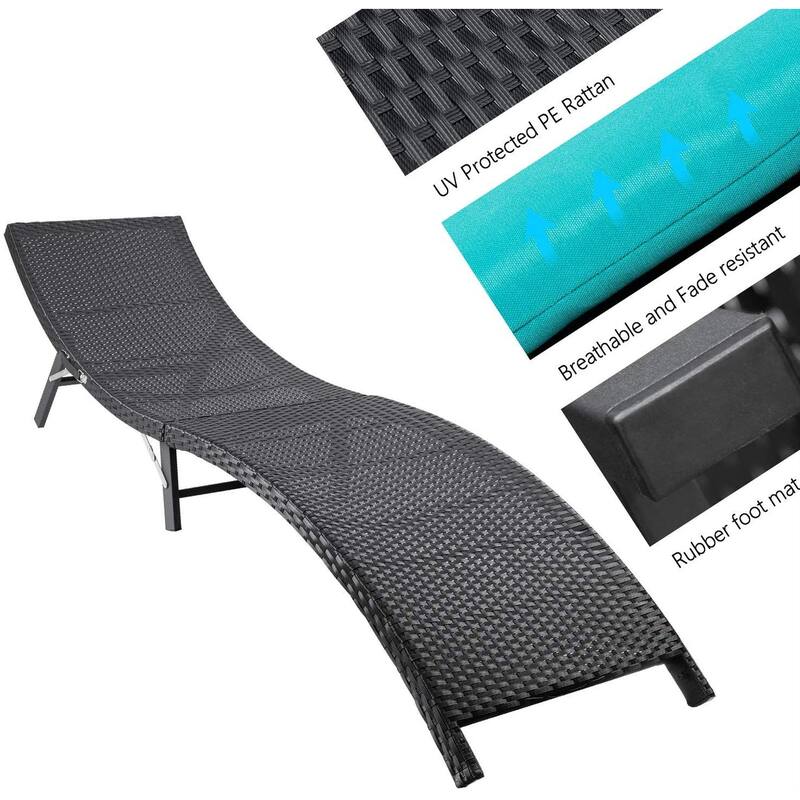 Homall 3 Pieces Patio Chaise Lounge with Removable Cushions Unadjustable Wicker Folding Chaise Lounge with Folding Table