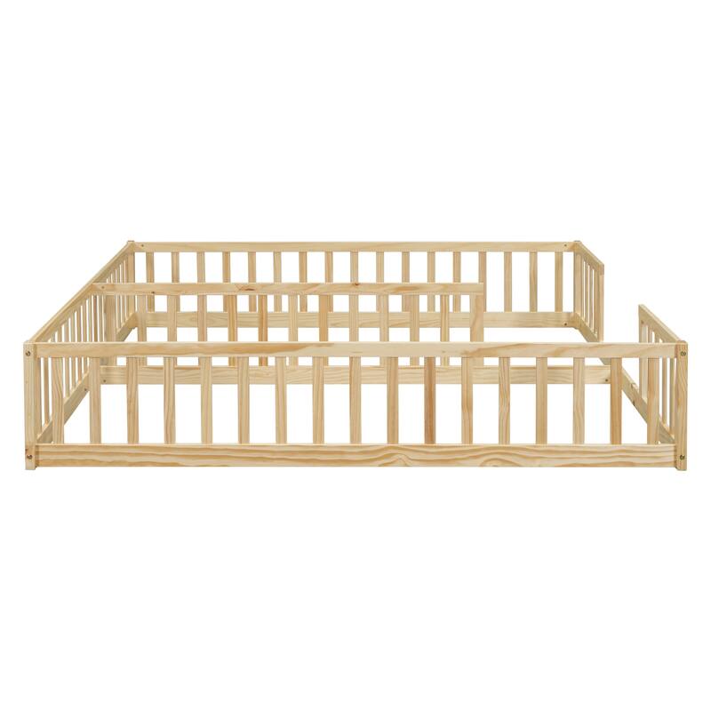Double Twin Floor Bed with Fence and Guardrails, Natural Pine and Plywood, Assembly Required