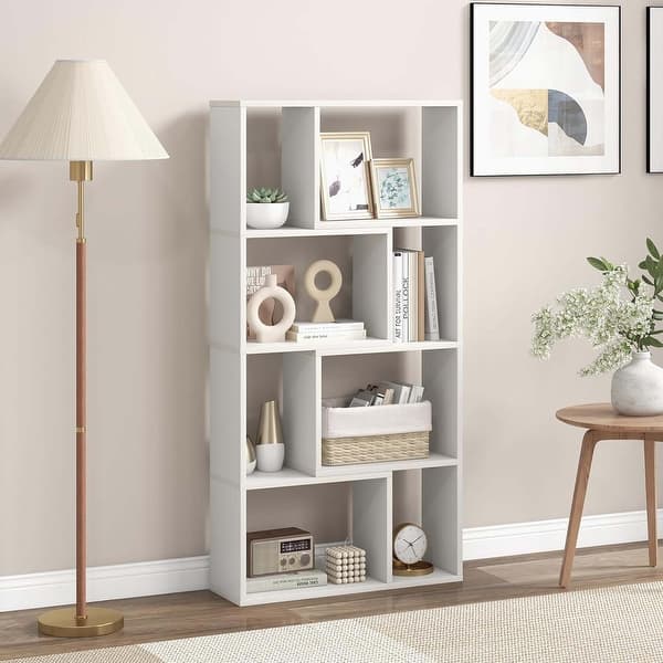 48" 4-Tier Modern Storage Organizer 8-Cube Geometric Bookshelf - White