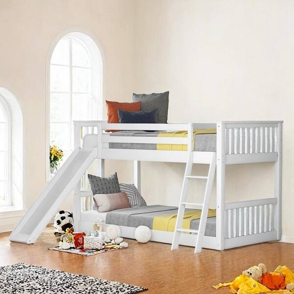 slide 2 of 16, Twin over Twin Space-saving Low Bunk Bed with Slide and Ladder White