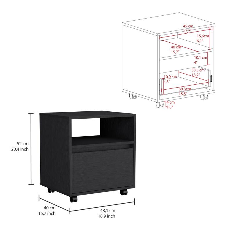 Modern Black Nightstand with Drawer and Casters, Space-Saving End Table for Bedroom or Living Room
